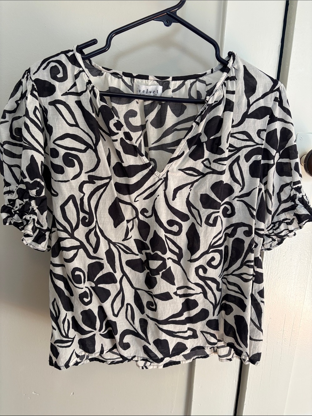 Velvet Black and White Floral V-Neck Blouse